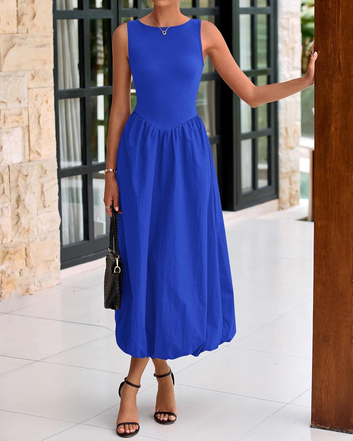 imageBTFBM Womens 2025 Summer Casual Sleeveless Midi Dress Patchwork Knit Tank Bubble Long Flowy Beach Maxi Sundress PocketsBlue