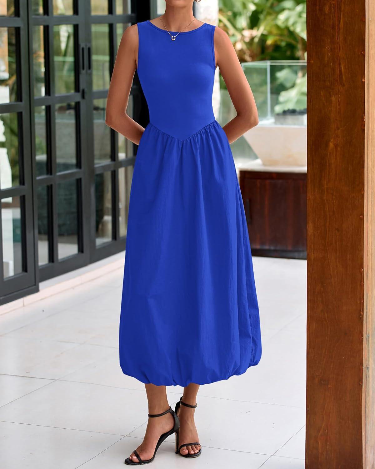 imageBTFBM Womens 2025 Summer Casual Sleeveless Midi Dress Patchwork Knit Tank Bubble Long Flowy Beach Maxi Sundress PocketsBlue