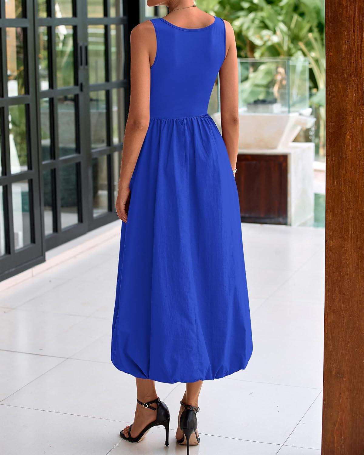 imageBTFBM Womens 2025 Summer Casual Sleeveless Midi Dress Patchwork Knit Tank Bubble Long Flowy Beach Maxi Sundress PocketsBlue