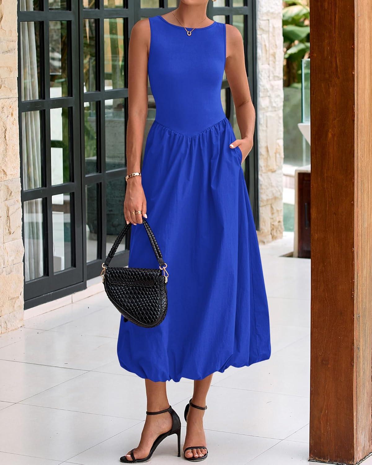 imageBTFBM Womens 2025 Summer Casual Sleeveless Midi Dress Patchwork Knit Tank Bubble Long Flowy Beach Maxi Sundress PocketsBlue