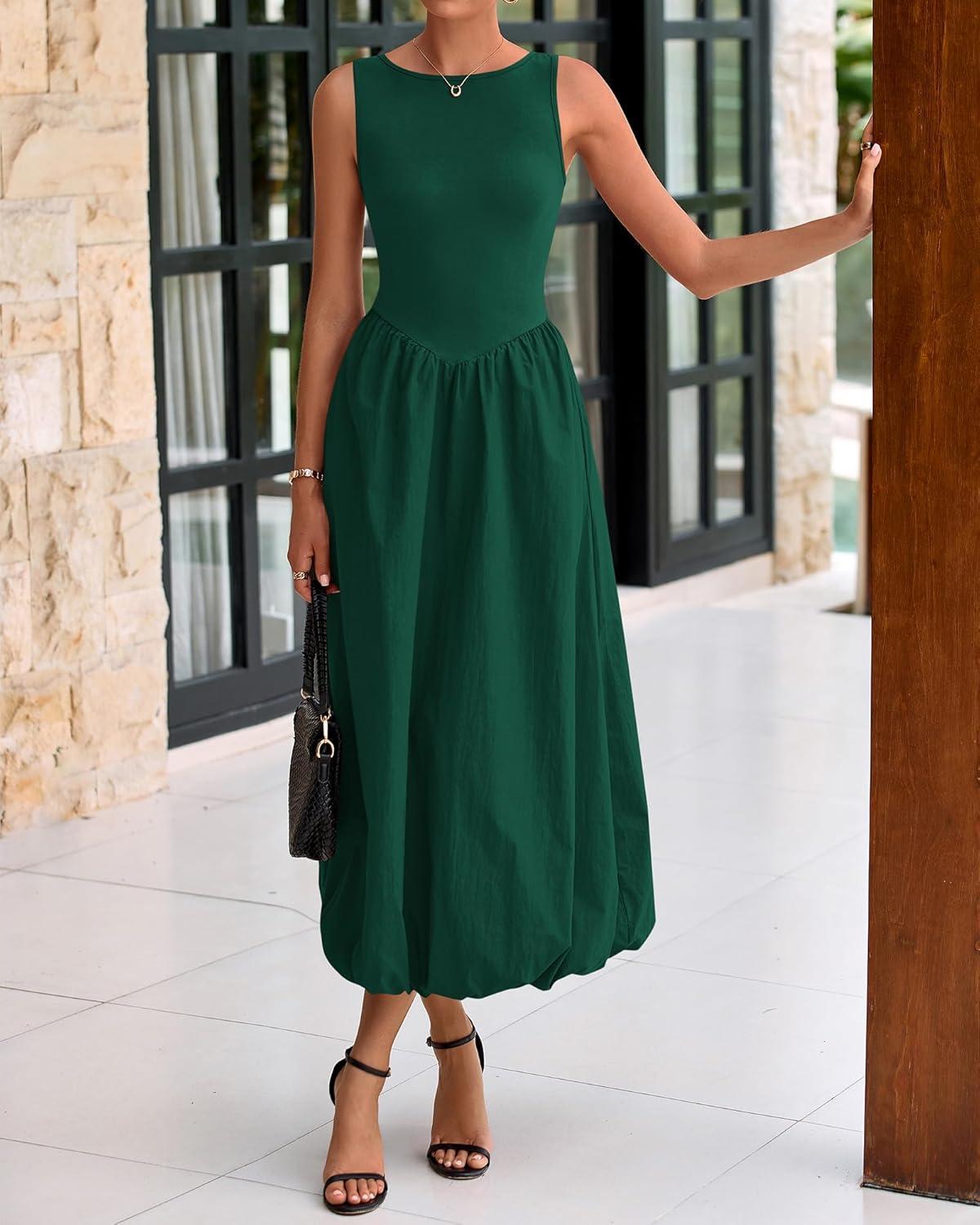 imageBTFBM Womens 2025 Summer Casual Sleeveless Midi Dress Patchwork Knit Tank Bubble Long Flowy Beach Maxi Sundress PocketsDark Green