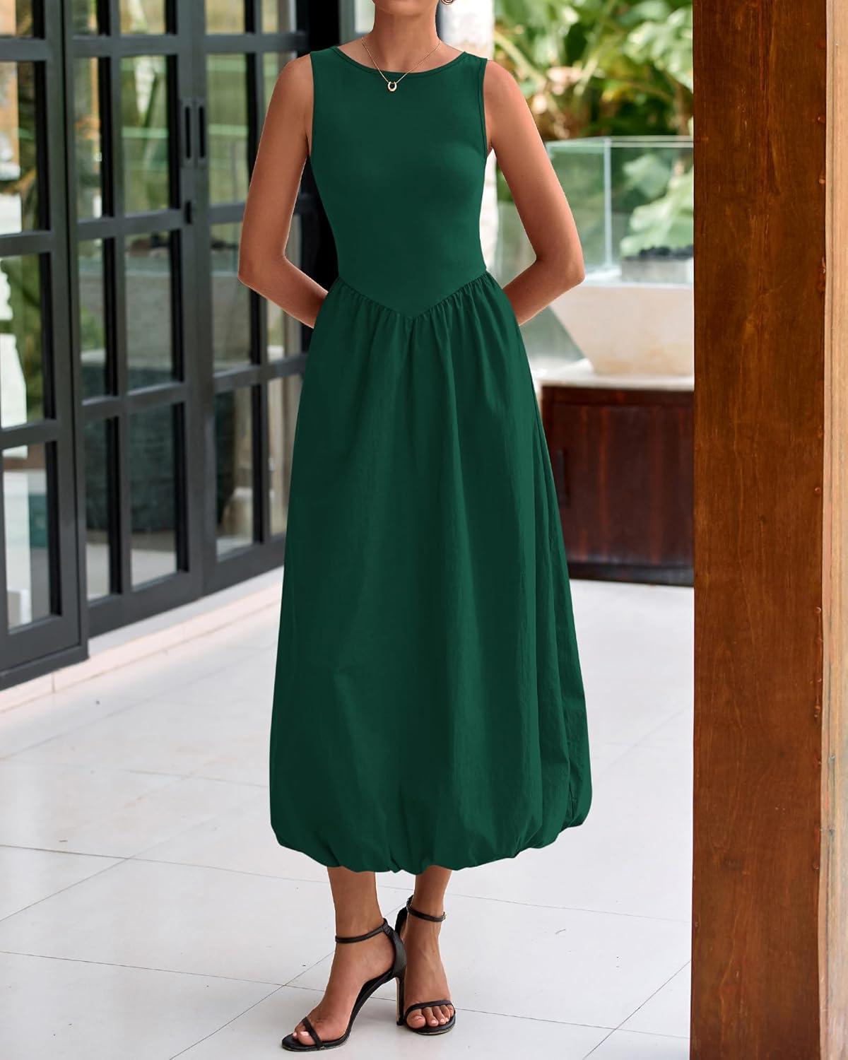 imageBTFBM Womens 2025 Summer Casual Sleeveless Midi Dress Patchwork Knit Tank Bubble Long Flowy Beach Maxi Sundress PocketsDark Green