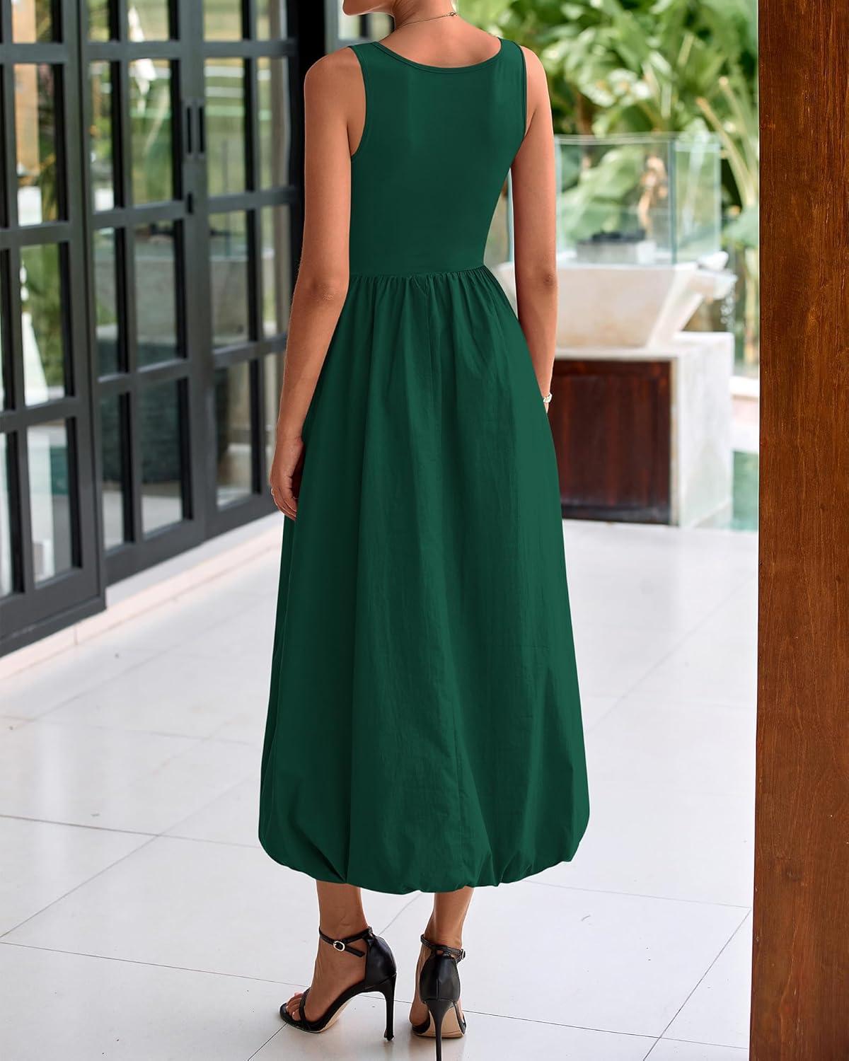 imageBTFBM Womens 2025 Summer Casual Sleeveless Midi Dress Patchwork Knit Tank Bubble Long Flowy Beach Maxi Sundress PocketsDark Green