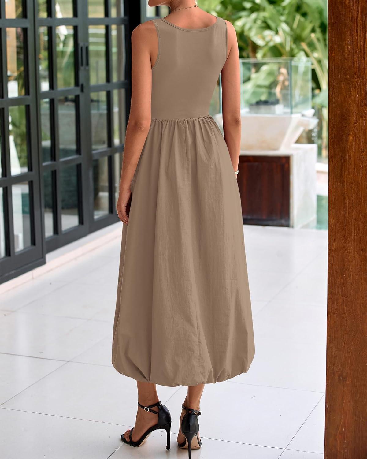 imageBTFBM Womens 2025 Summer Casual Sleeveless Midi Dress Patchwork Knit Tank Bubble Long Flowy Beach Maxi Sundress PocketsKhaki