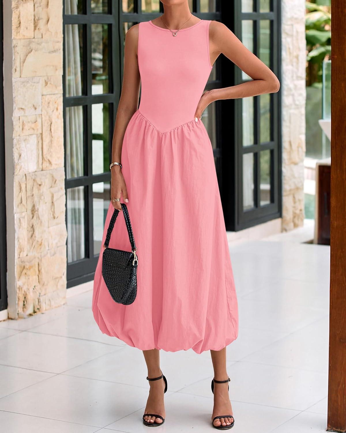 imageBTFBM Womens 2025 Summer Casual Sleeveless Midi Dress Patchwork Knit Tank Bubble Long Flowy Beach Maxi Sundress PocketsPink