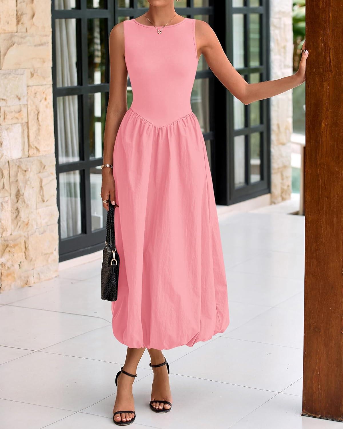 imageBTFBM Womens 2025 Summer Casual Sleeveless Midi Dress Patchwork Knit Tank Bubble Long Flowy Beach Maxi Sundress PocketsPink