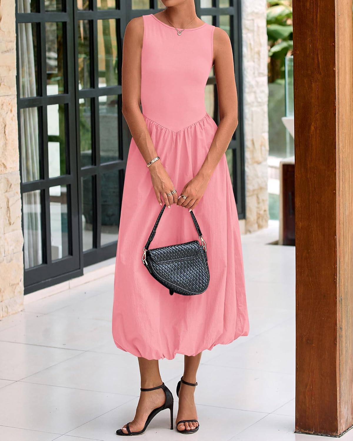 imageBTFBM Womens 2025 Summer Casual Sleeveless Midi Dress Patchwork Knit Tank Bubble Long Flowy Beach Maxi Sundress PocketsPink