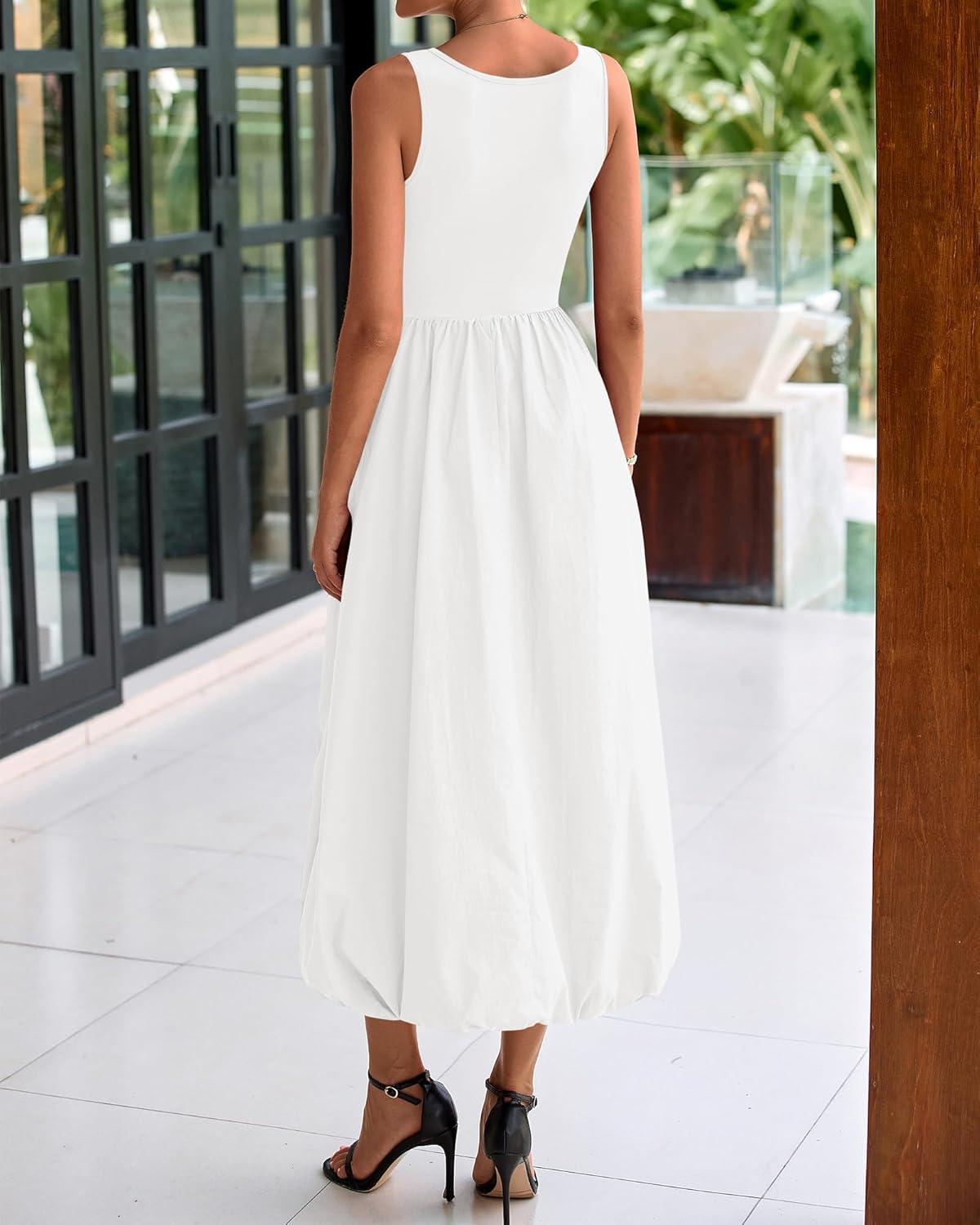 imageBTFBM Womens 2025 Summer Casual Sleeveless Midi Dress Patchwork Knit Tank Bubble Long Flowy Beach Maxi Sundress PocketsWhite