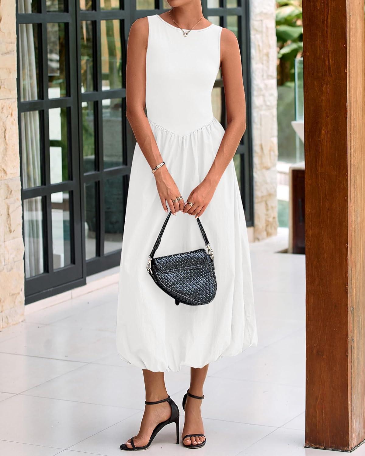 imageBTFBM Womens 2025 Summer Casual Sleeveless Midi Dress Patchwork Knit Tank Bubble Long Flowy Beach Maxi Sundress PocketsWhite