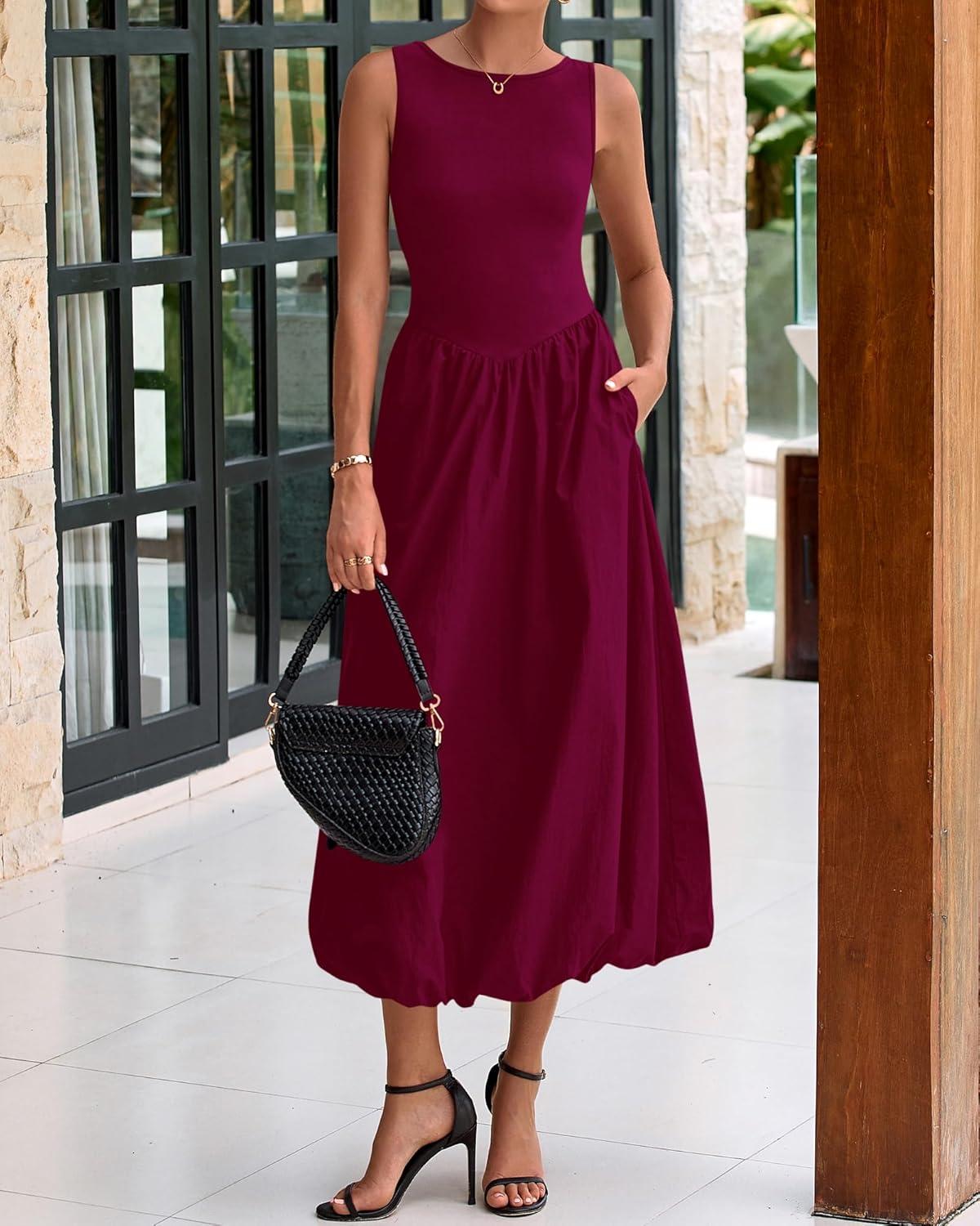 imageBTFBM Womens 2025 Summer Casual Sleeveless Midi Dress Patchwork Knit Tank Bubble Long Flowy Beach Maxi Sundress PocketsWine Red