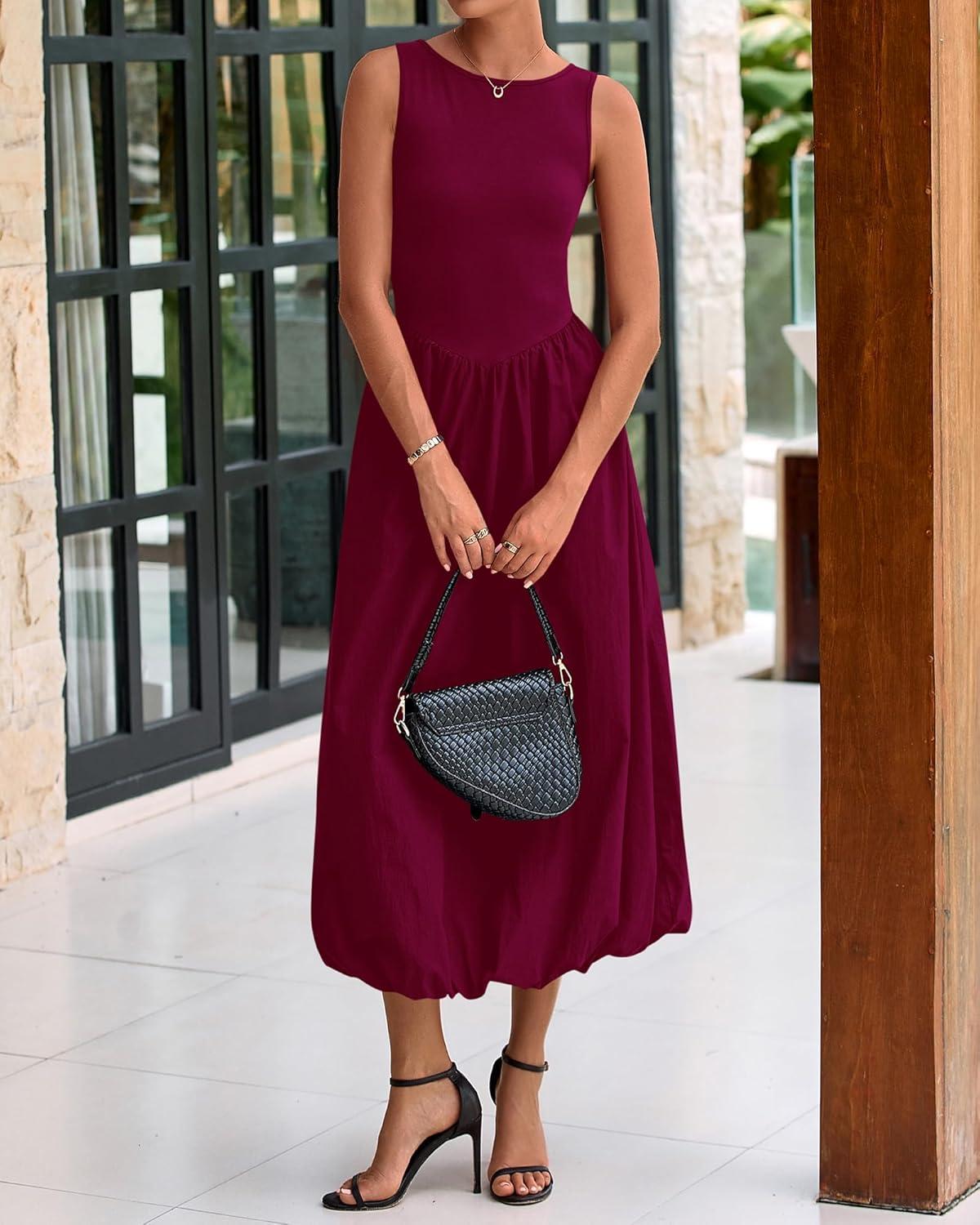 imageBTFBM Womens 2025 Summer Casual Sleeveless Midi Dress Patchwork Knit Tank Bubble Long Flowy Beach Maxi Sundress PocketsWine Red