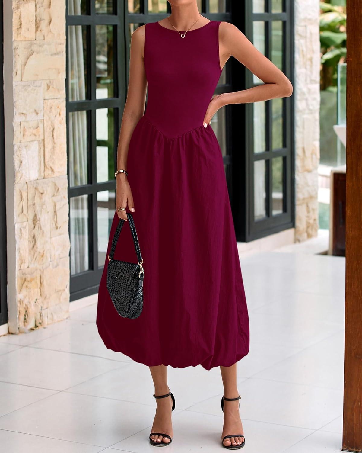 imageBTFBM Womens 2025 Summer Casual Sleeveless Midi Dress Patchwork Knit Tank Bubble Long Flowy Beach Maxi Sundress PocketsWine Red