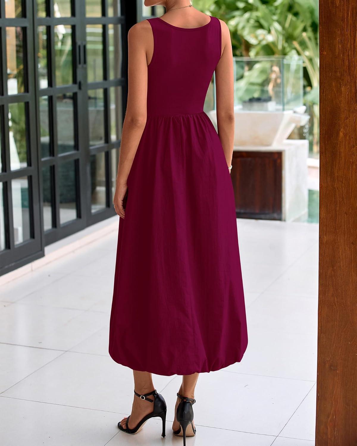 imageBTFBM Womens 2025 Summer Casual Sleeveless Midi Dress Patchwork Knit Tank Bubble Long Flowy Beach Maxi Sundress PocketsWine Red