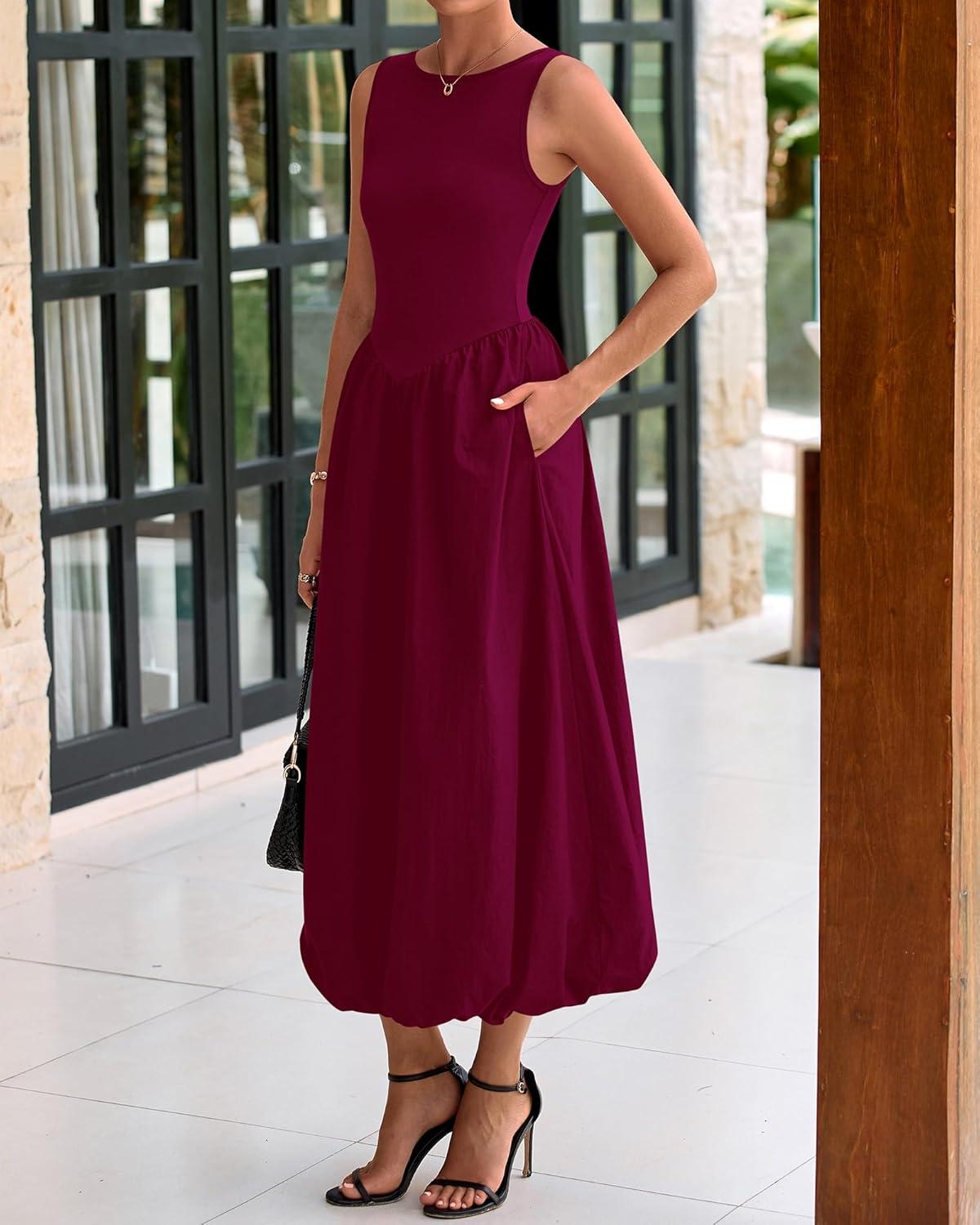 imageBTFBM Womens 2025 Summer Casual Sleeveless Midi Dress Patchwork Knit Tank Bubble Long Flowy Beach Maxi Sundress PocketsWine Red