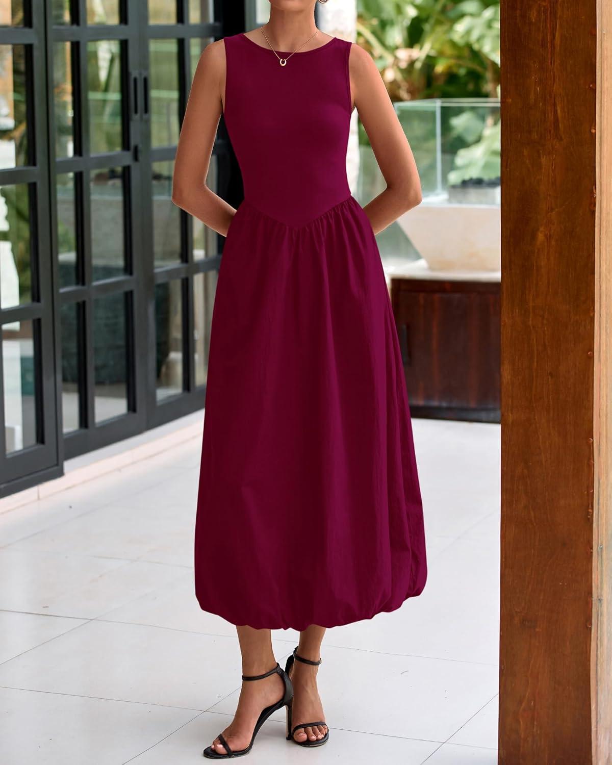 imageBTFBM Womens 2025 Summer Casual Sleeveless Midi Dress Patchwork Knit Tank Bubble Long Flowy Beach Maxi Sundress PocketsWine Red