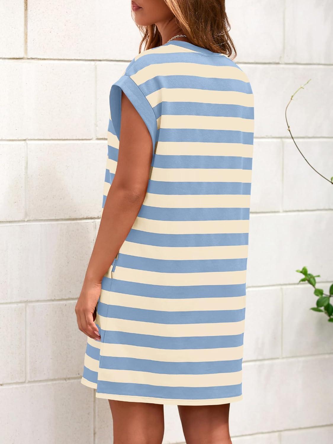 imageBTFBM Womens 2025 Summer Striped T Shirt Tunic Dress Loose Cap Sleeve Crew Neck Casual Cute Short Dresses PocketsLight Blue