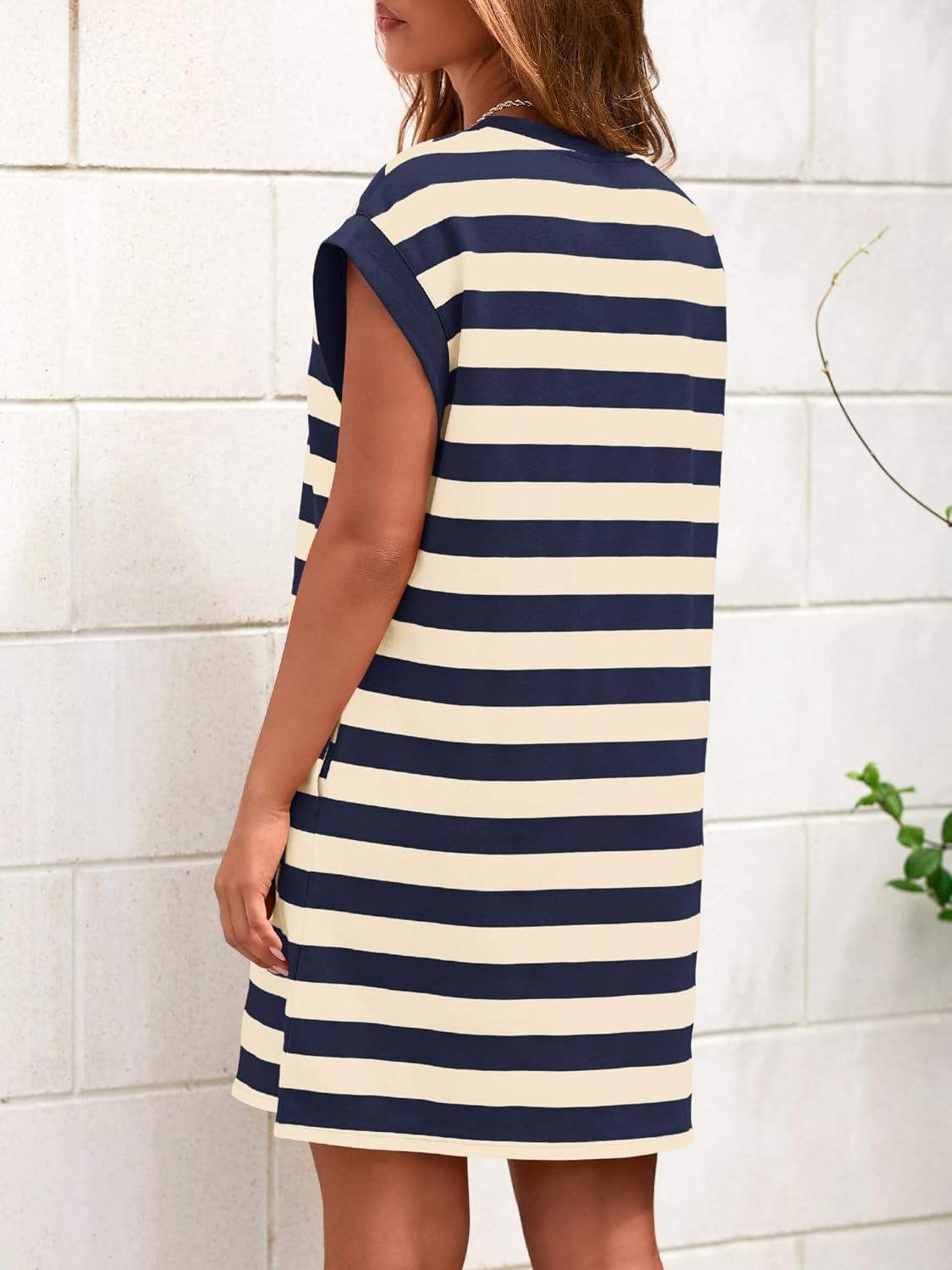 imageBTFBM Womens 2025 Summer Striped T Shirt Tunic Dress Loose Cap Sleeve Crew Neck Casual Cute Short Dresses PocketsNavy