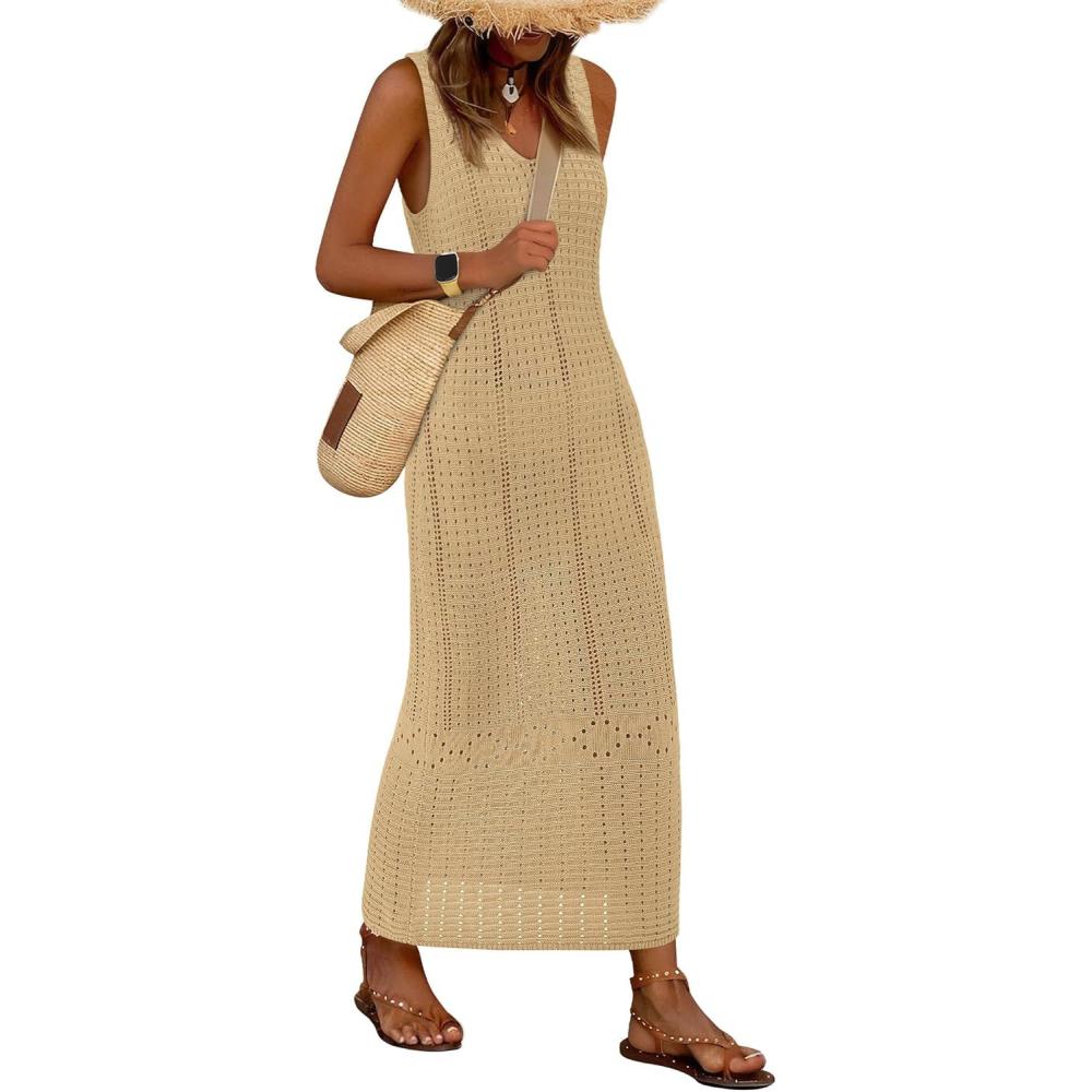 imageBTFBM Crochet Swimsuit Coverup for Women Summer Spring 2025 Swimwear Bathing Suit Cover Up Beach Dress Vacation OutfitsKhaki