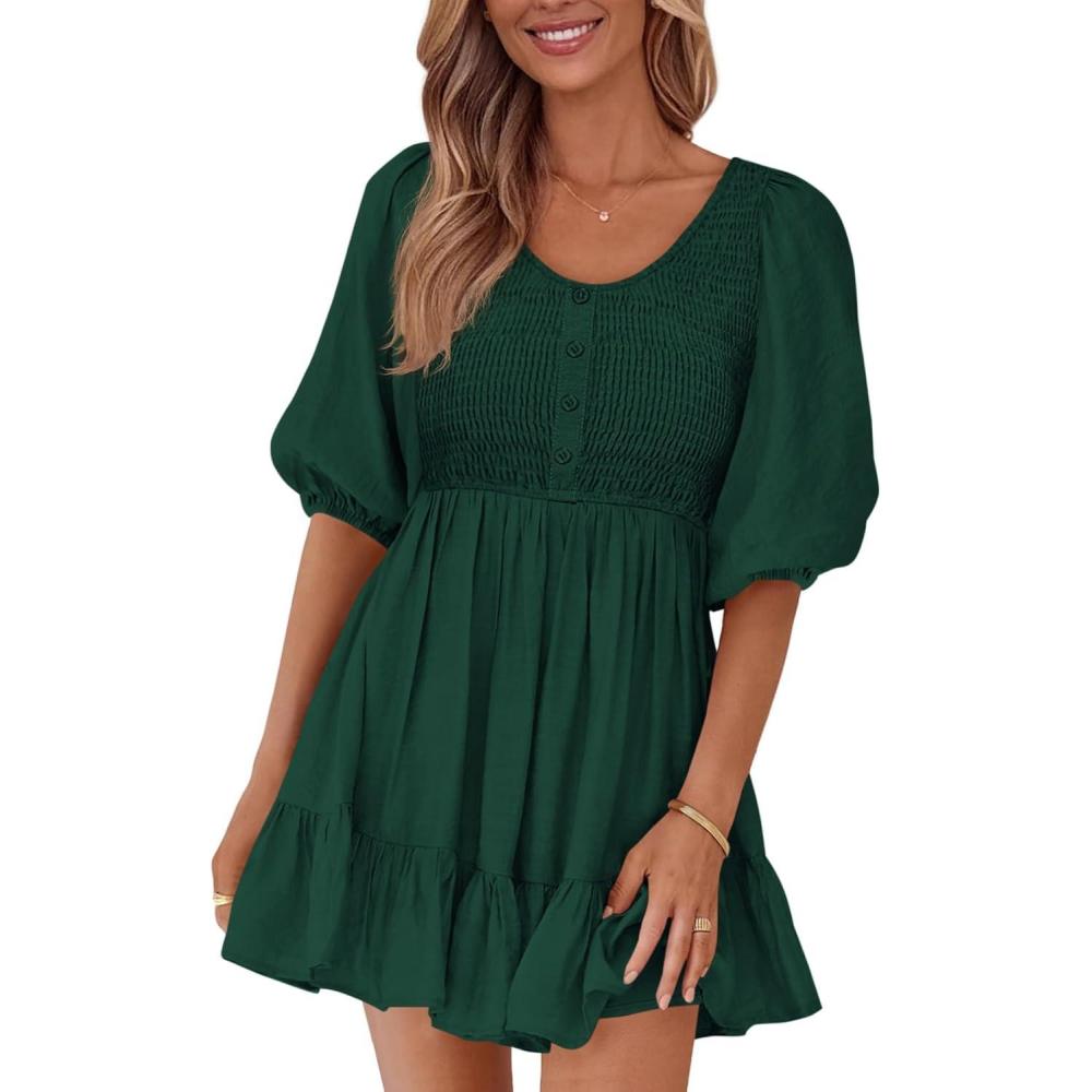imageBTFBM Women Casual Summer Smocked Dresses 2025 Crew Neck Puff Short Sleeve Empire Waist ALine Beach Vacation Mini DressGreen