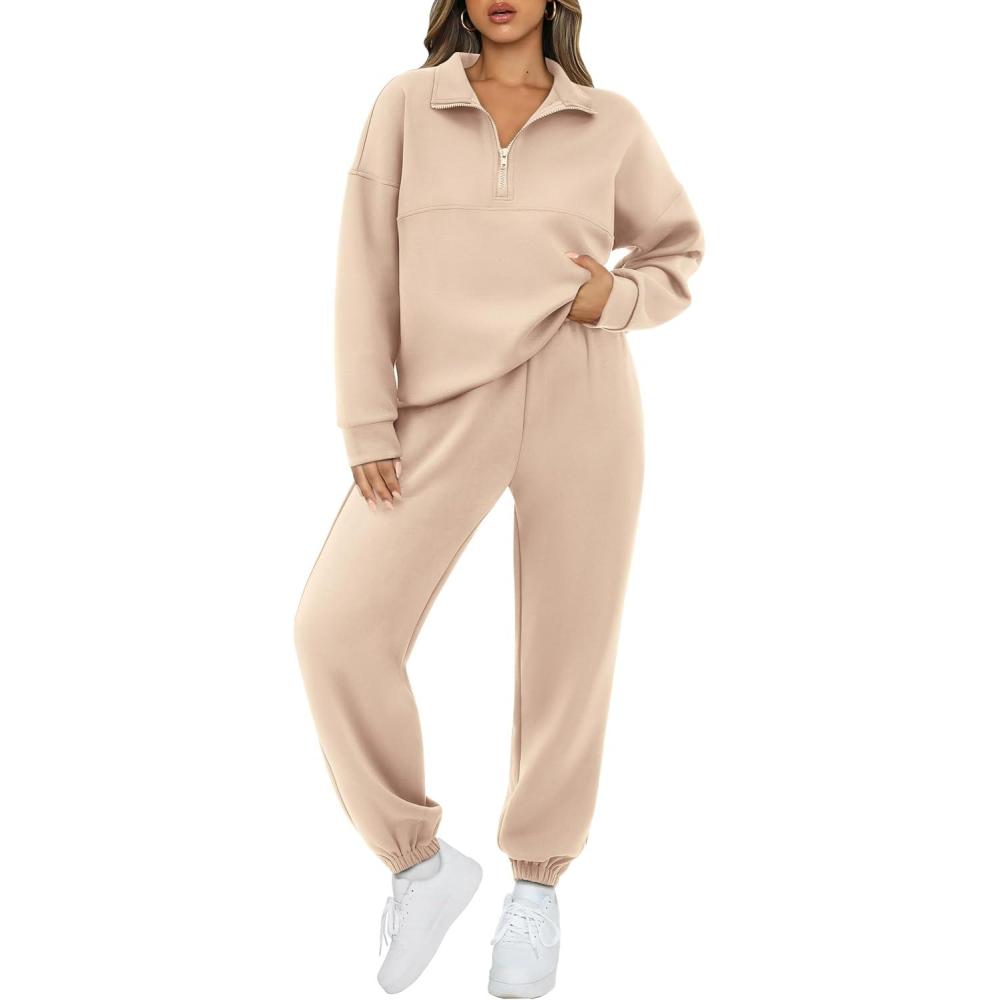 imageBTFBM Womens 2 Piece Sweatsuit Sets Fall Outfits Tracksuits 2025 Long Sleeve Half Zip Sweatshirt Sweatpants Lounge SetSolid Light Khaki