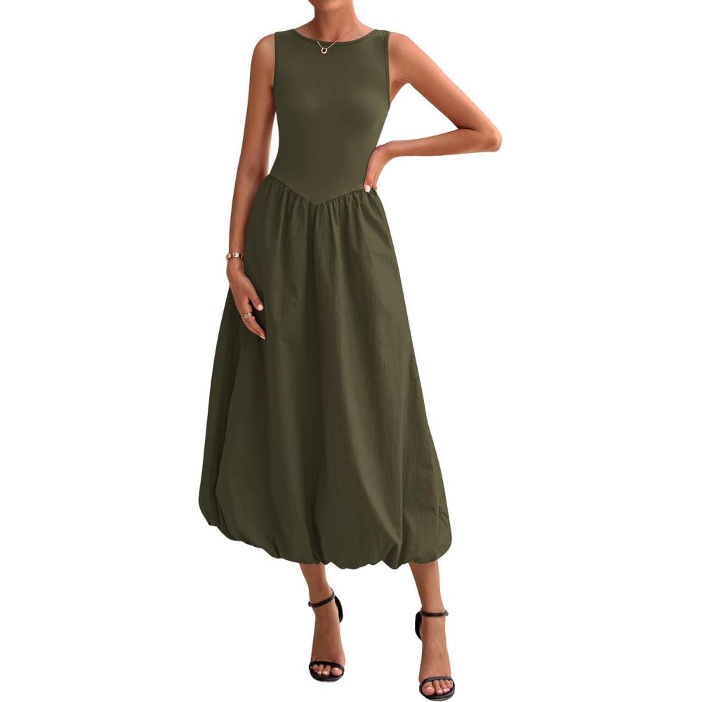 imageBTFBM Womens 2025 Summer Casual Sleeveless Midi Dress Patchwork Knit Tank Bubble Long Flowy Beach Maxi Sundress PocketsArmy Green