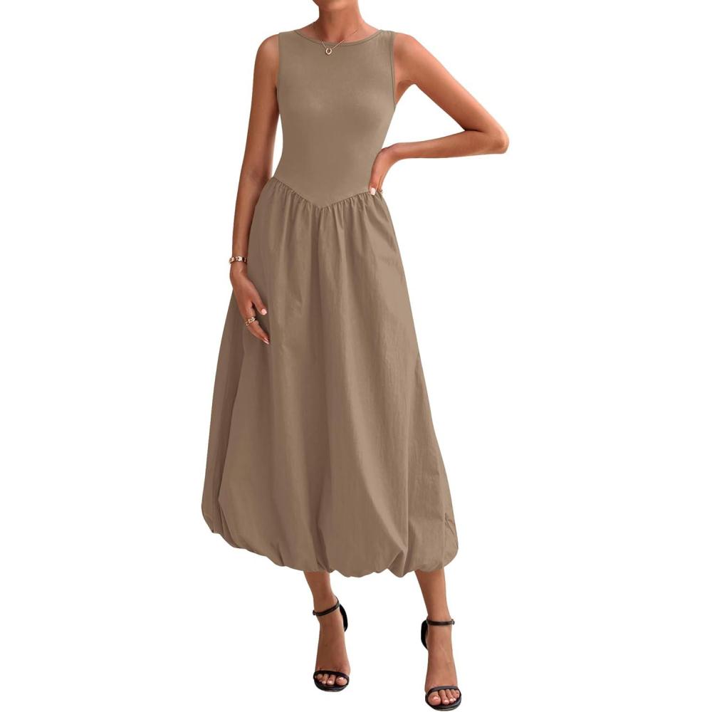imageBTFBM Womens 2025 Summer Casual Sleeveless Midi Dress Patchwork Knit Tank Bubble Long Flowy Beach Maxi Sundress PocketsKhaki