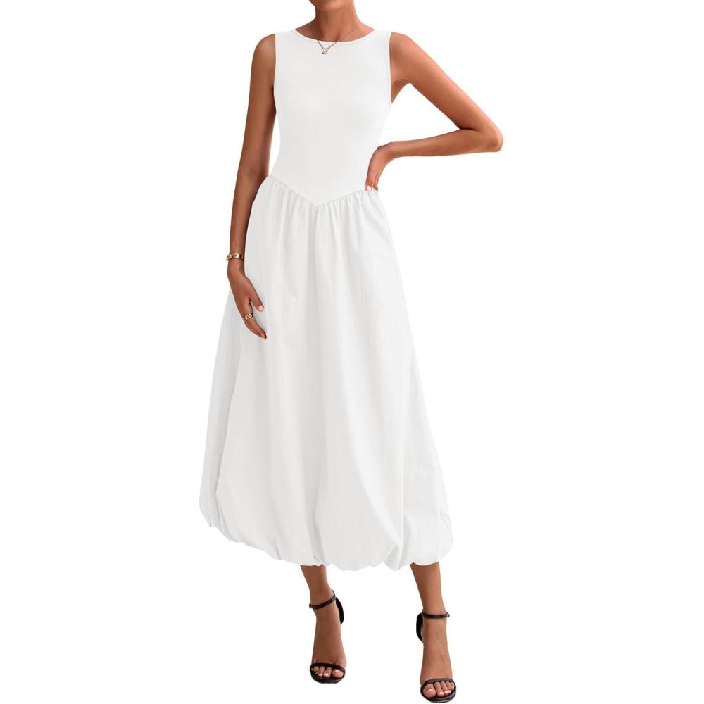 imageBTFBM Womens 2025 Summer Casual Sleeveless Midi Dress Patchwork Knit Tank Bubble Long Flowy Beach Maxi Sundress PocketsWhite