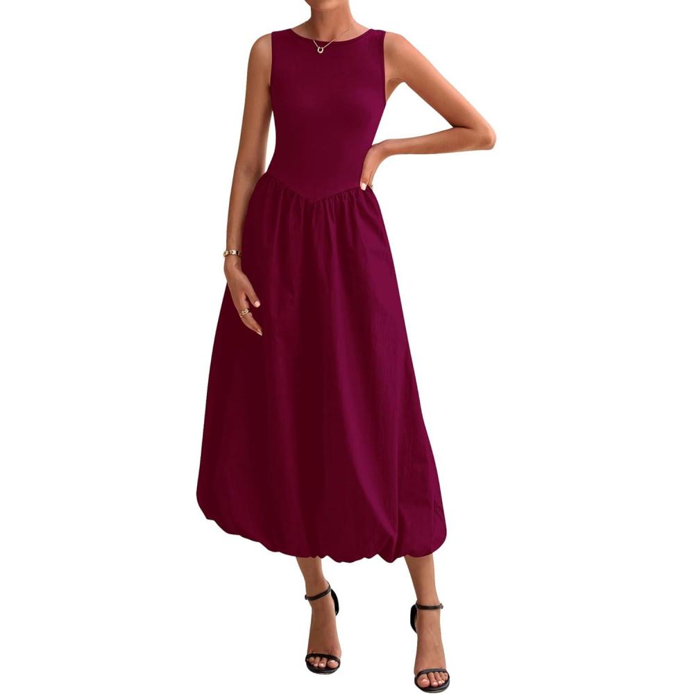 imageBTFBM Womens 2025 Summer Casual Sleeveless Midi Dress Patchwork Knit Tank Bubble Long Flowy Beach Maxi Sundress PocketsWine Red