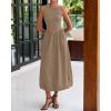 imageBTFBM Womens 2025 Summer Casual Sleeveless Midi Dress Patchwork Knit Tank Bubble Long Flowy Beach Maxi Sundress PocketsKhaki