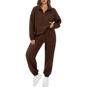 imageBTFBM Womens 2 Piece Sweatsuit Sets Fall Outfits Tracksuits 2025 Long Sleeve Half Zip Sweatshirt Sweatpants Lounge SetSolid Brown