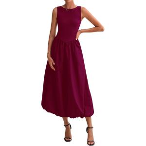 imageBTFBM Womens 2025 Summer Casual Sleeveless Midi Dress Patchwork Knit Tank Bubble Long Flowy Beach Maxi Sundress PocketsWine Red