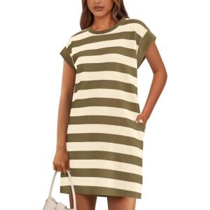 imageBTFBM Womens 2025 Summer Striped T Shirt Tunic Dress Loose Cap Sleeve Crew Neck Casual Cute Short Dresses PocketsKhaki Green
