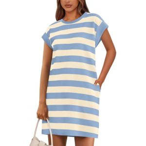 imageBTFBM Womens 2025 Summer Striped T Shirt Tunic Dress Loose Cap Sleeve Crew Neck Casual Cute Short Dresses PocketsLight Blue