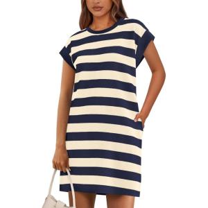 imageBTFBM Womens 2025 Summer Striped T Shirt Tunic Dress Loose Cap Sleeve Crew Neck Casual Cute Short Dresses PocketsNavy