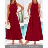imageBTFBM 2025 Women Summer Sleeveless Dress Crew Neck Casual Loose Sundress Bubble Hem Flowy Tank Maxi Dresses with PocketsJujube Red
