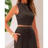 imageBTFBM Women Summer 2 Piece Outfits Ribbed Knit Crew Neck Sleeveless Cropped Top Elastic Waist Wide Leg Pants Lounge SetSolid Coffee
