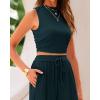 imageBTFBM Women Summer 2 Piece Outfits Ribbed Knit Crew Neck Sleeveless Cropped Top Elastic Waist Wide Leg Pants Lounge SetSolid Deep Green
