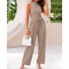 imageBTFBM Women Summer 2 Piece Outfits Ribbed Knit Crew Neck Sleeveless Cropped Top Elastic Waist Wide Leg Pants Lounge SetSolid Khaki