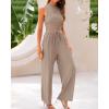 imageBTFBM Women Summer 2 Piece Outfits Ribbed Knit Crew Neck Sleeveless Cropped Top Elastic Waist Wide Leg Pants Lounge SetSolid Khaki