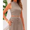 imageBTFBM Women Summer 2 Piece Outfits Ribbed Knit Crew Neck Sleeveless Cropped Top Elastic Waist Wide Leg Pants Lounge SetSolid Khaki