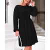 imageBTFBM Womens 2024 Fall Dresses Long Puff Sleeve Bow Tie Front Y2k Babydoll Peplum A Line Casual Cute Short Tunic DressBlack