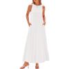 imageBTFBM 2025 Women Summer Sleeveless Dress Crew Neck Casual Loose Sundress Bubble Hem Flowy Tank Maxi Dresses with PocketsBeige White