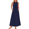 imageBTFBM 2025 Women Summer Sleeveless Dress Crew Neck Casual Loose Sundress Bubble Hem Flowy Tank Maxi Dresses with PocketsNavy
