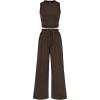 imageBTFBM Women Summer 2 Piece Outfits Ribbed Knit Crew Neck Sleeveless Cropped Top Elastic Waist Wide Leg Pants Lounge SetSolid Coffee