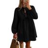 imageBTFBM Womens 2024 Fall Dresses Long Puff Sleeve Bow Tie Front Y2k Babydoll Peplum A Line Casual Cute Short Tunic DressBlack