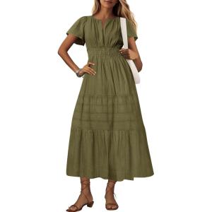 imageBTFBM 2024 Womens Summer Maxi Dresses Short Sleeve High Waist Tiered Flowy ALine Boho Beach Dress PocketsArmy Green