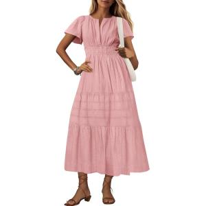 imageBTFBM 2024 Womens Summer Maxi Dresses Short Sleeve High Waist Tiered Flowy ALine Boho Beach Dress PocketsBean Paste Pink
