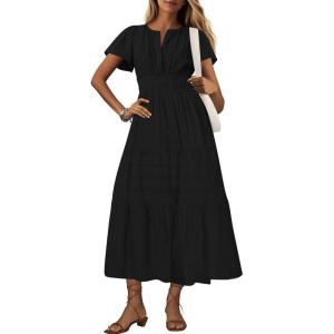 imageBTFBM 2024 Womens Summer Maxi Dresses Short Sleeve High Waist Tiered Flowy ALine Boho Beach Dress PocketsBlack