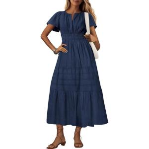 imageBTFBM 2024 Womens Summer Maxi Dresses Short Sleeve High Waist Tiered Flowy ALine Boho Beach Dress PocketsNavy