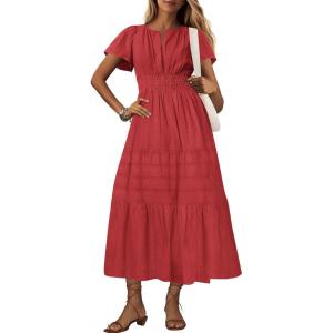 imageBTFBM 2024 Womens Summer Maxi Dresses Short Sleeve High Waist Tiered Flowy ALine Boho Beach Dress PocketsRed